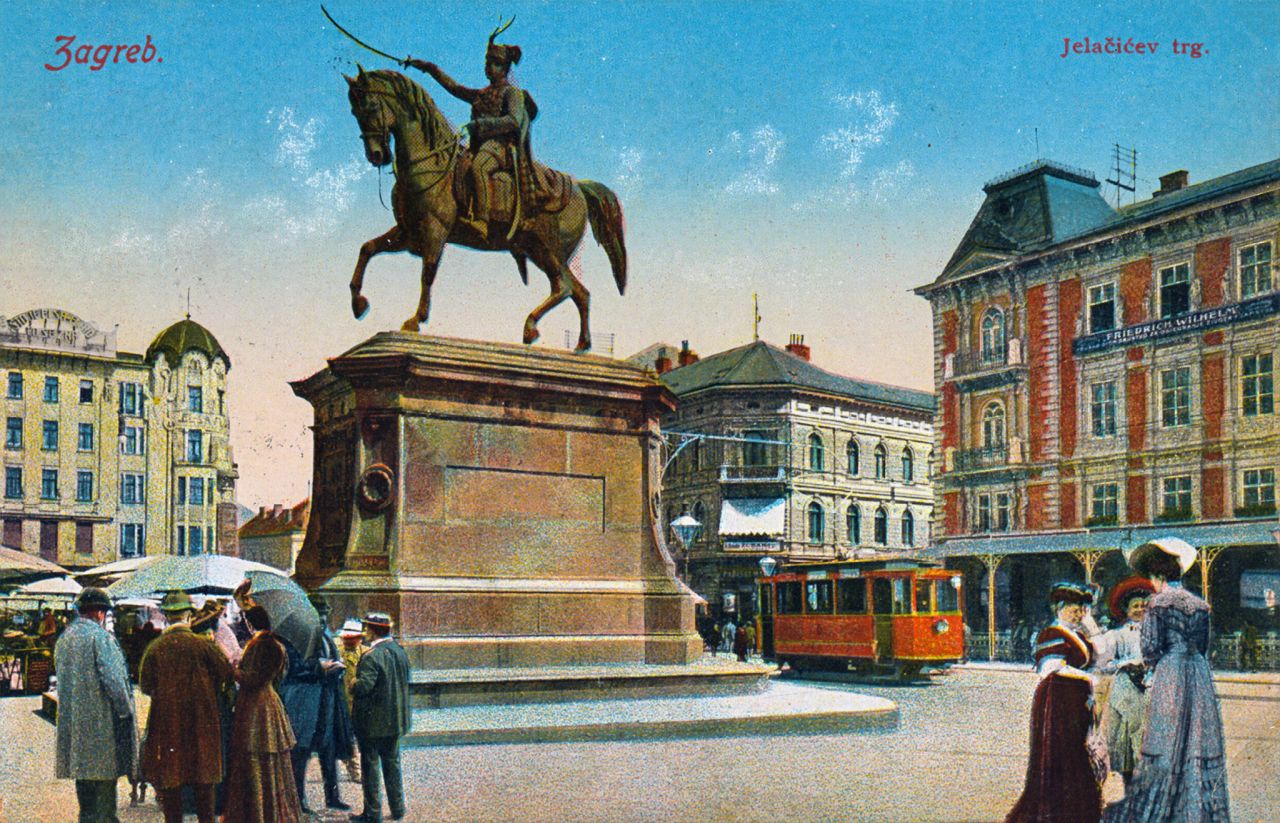 Trg bana Jelačića, oko 1915. godine, kolorirana razglednica